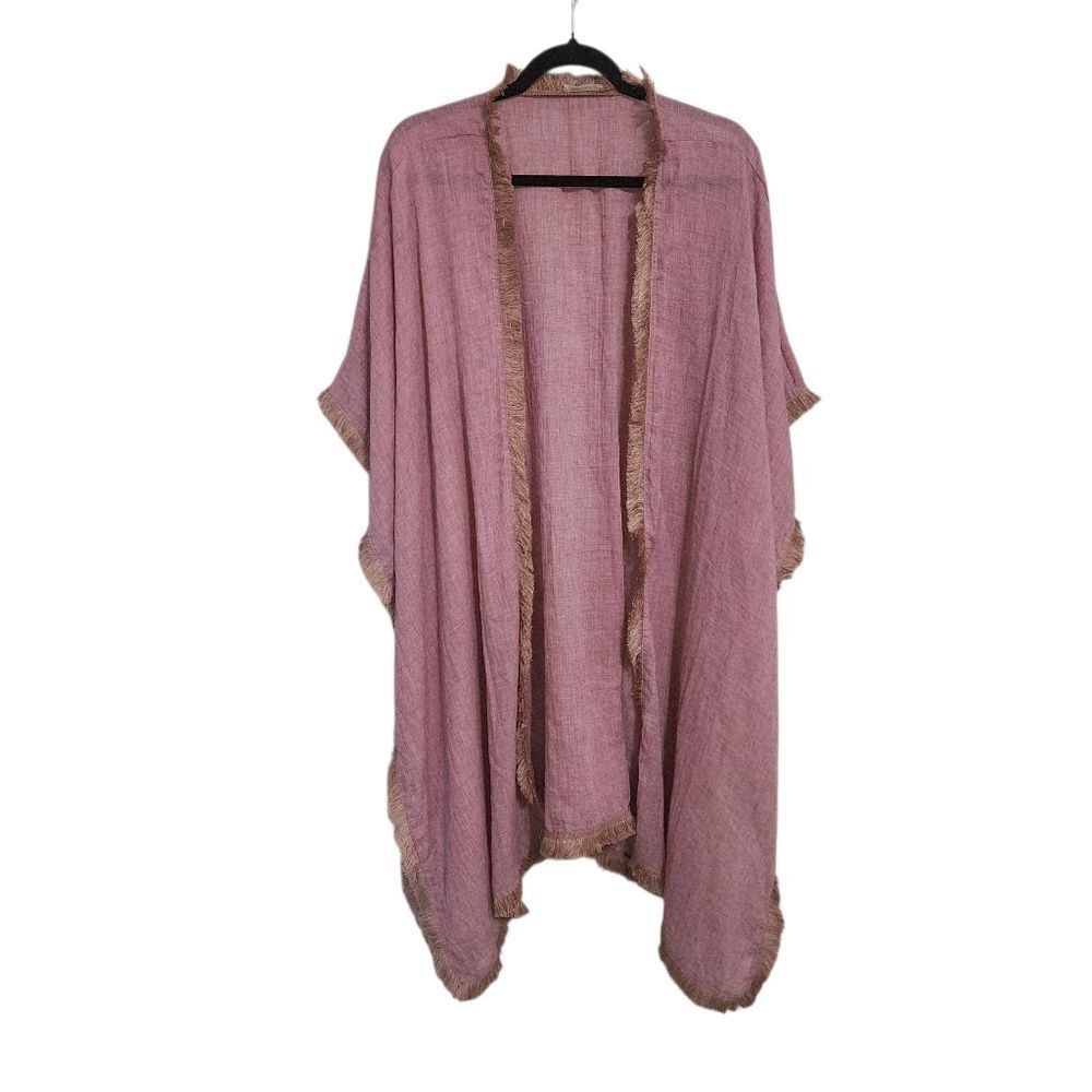 Kori Duster Kimono L Pink Fringe Oversized Beachy Coastal Cowgirl
